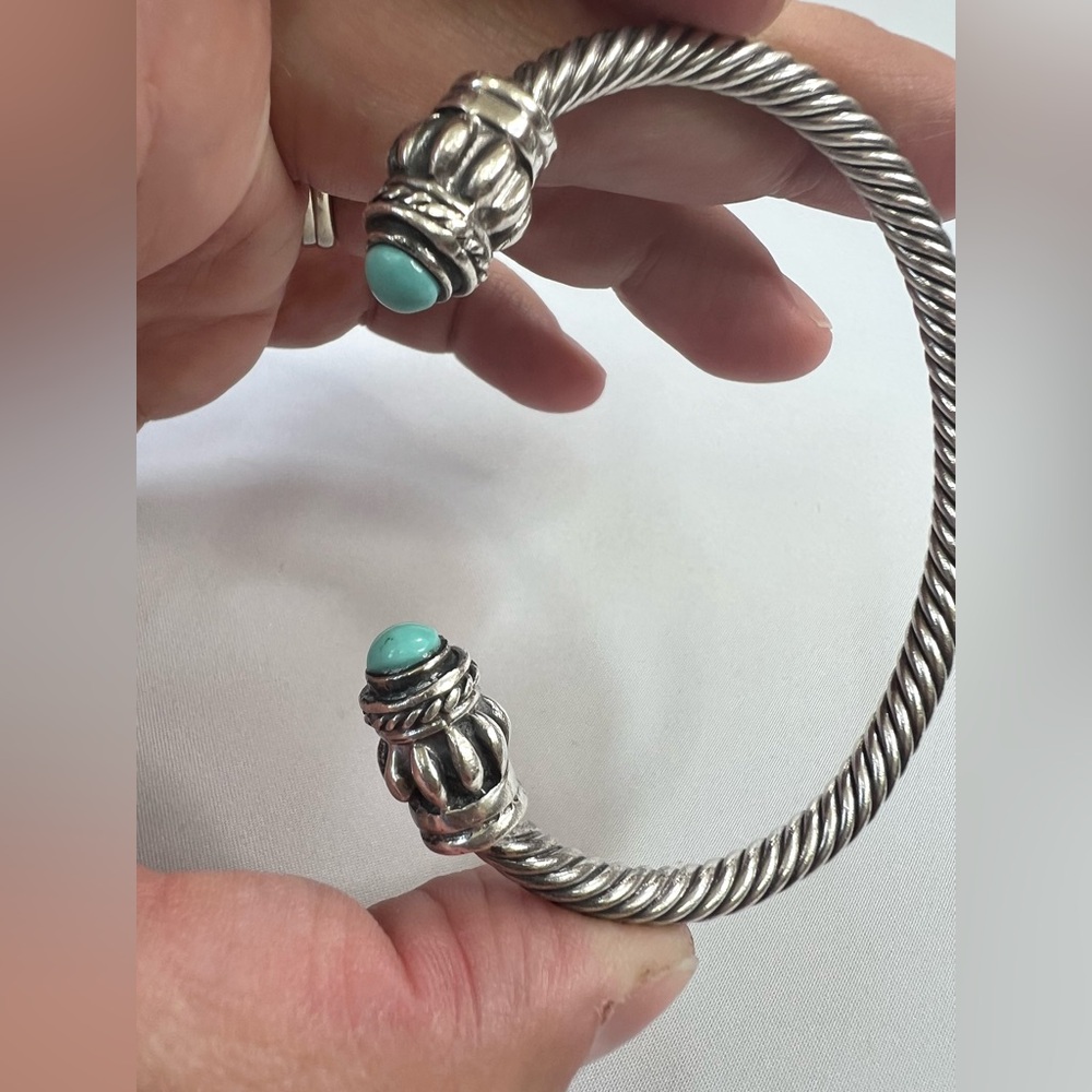 Vintage Sterling Silver Cable Turquoise Bracelet Cuff - Picture 4 of 16